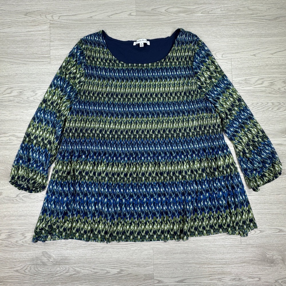 Rose + Olive Women's Blouse Smocked Tunic Blue Green XL Geometric‎ Long Sleeve